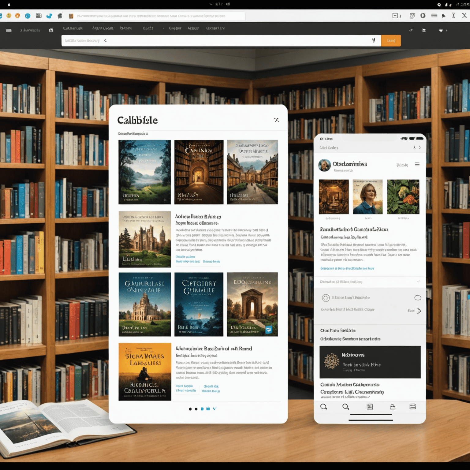Caliblle user interface showcasing the main library view with book covers, metadata, and organization options