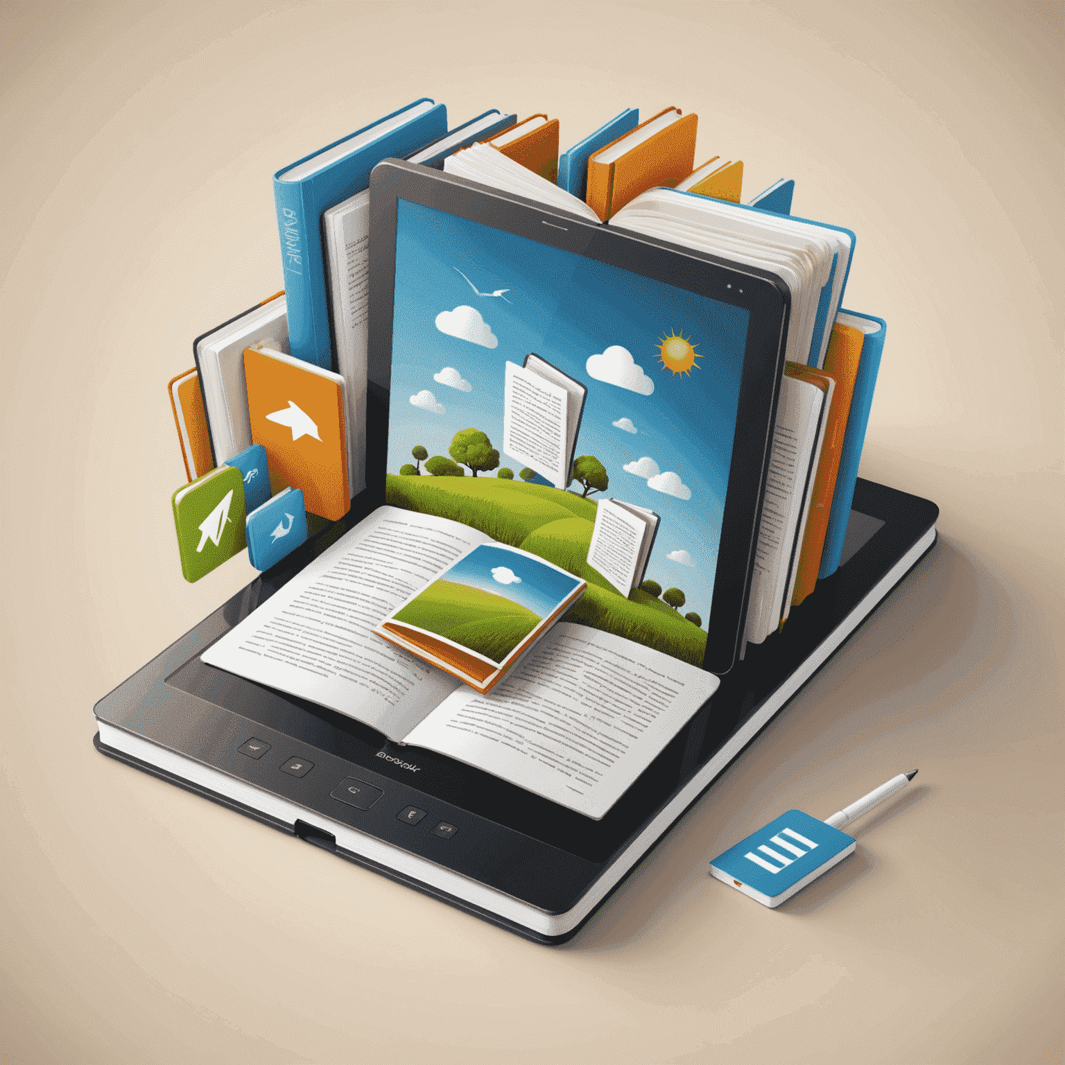 Illustration of various e-book formats being converted, showing file icons transforming from one type to another