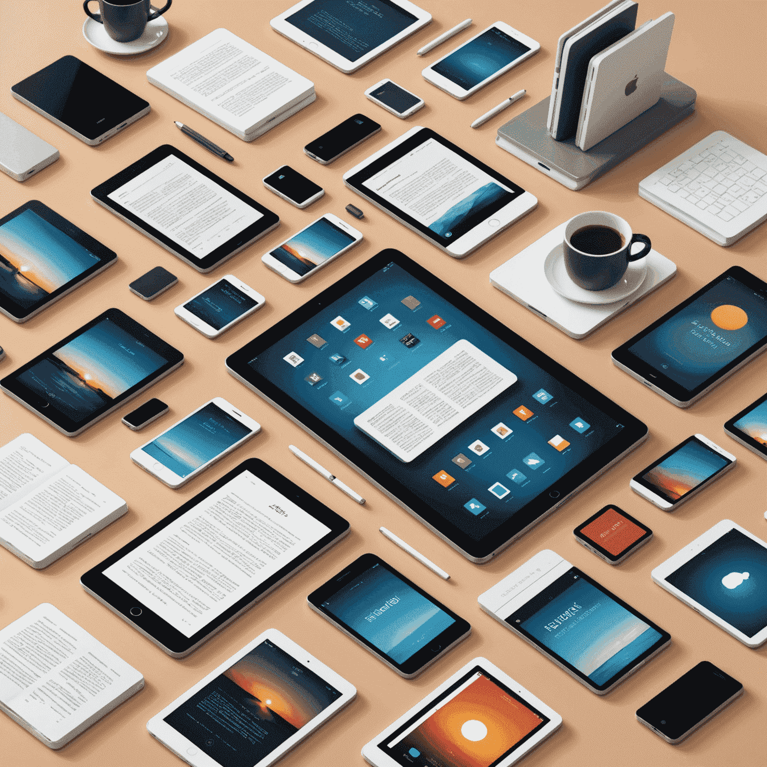 Illustration of various e-book formats and devices, including tablets, e-readers, and smartphones, with file format icons floating around them