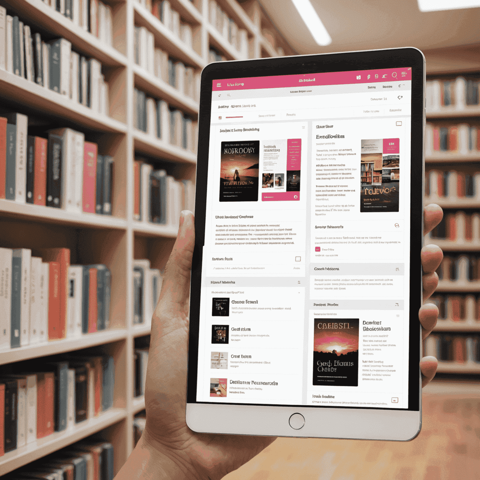 A digital library interface showing a collection of e-books, with a search bar and various sorting options. The interface is clean and modern, with a pink and white color scheme.