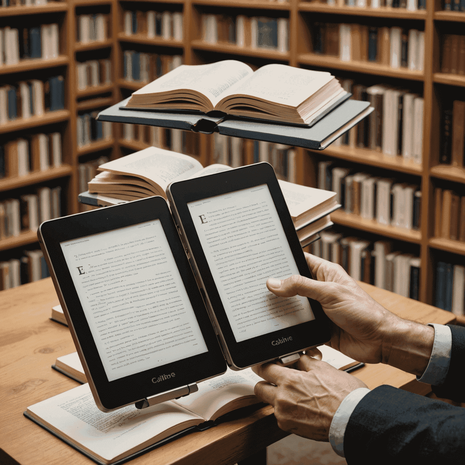 Multiple e-readers and mobile devices syncing with Calibre library, showing books transferring between devices