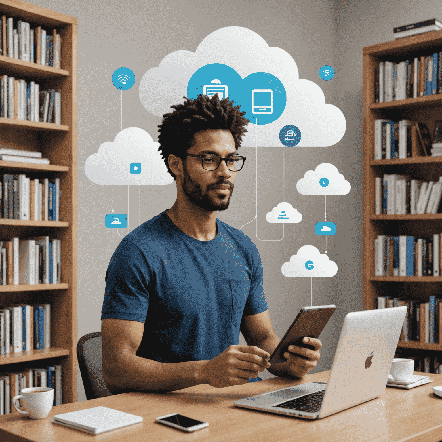 Illustration of Calibre's cloud sync feature showing a user accessing their library on multiple devices